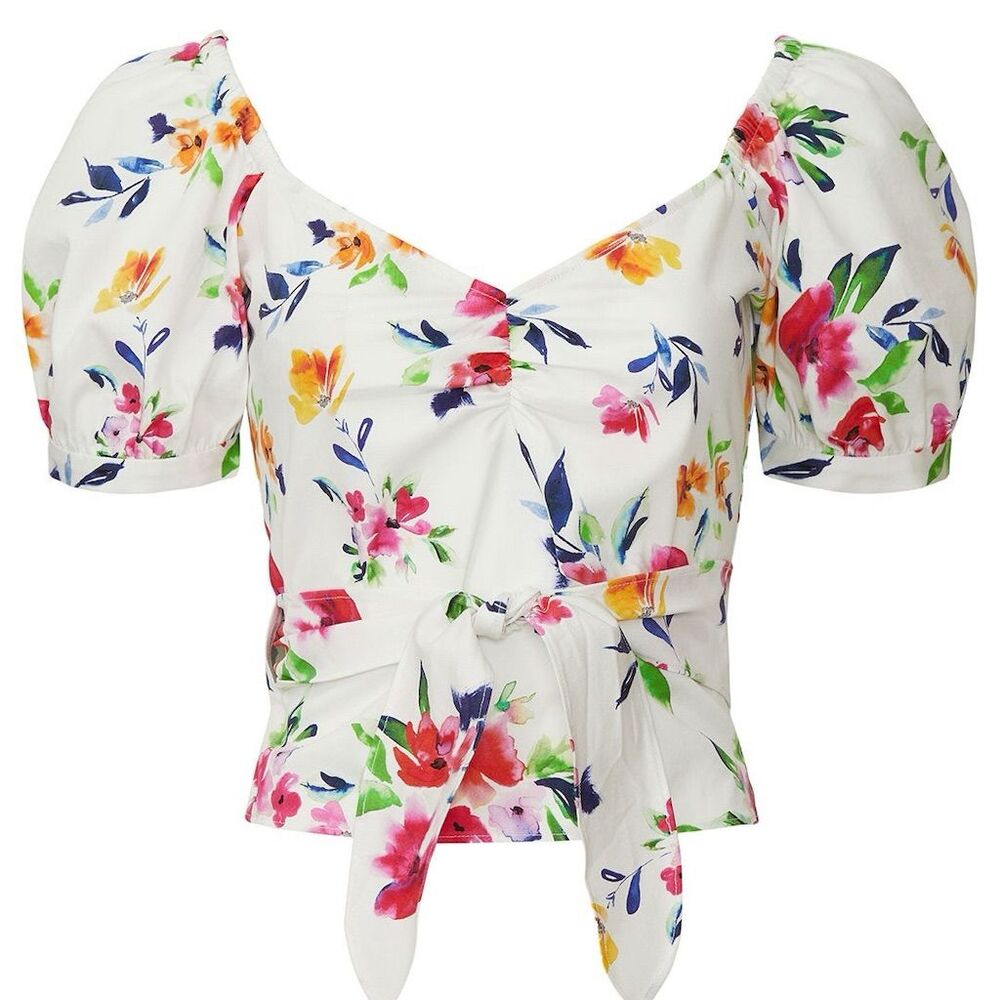 Marissa Webb Women's Puff Sleeve Floral Top Size 4 Casual Cropped Wrap Blouse